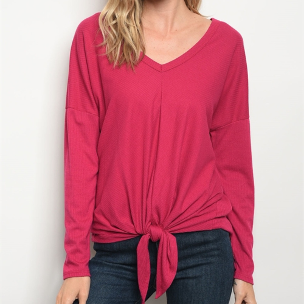 Waffle Knit Magenta Jersey Tie Front top